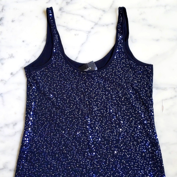 NWT. Express Gorgeous Dark Blue/Black Sparkle Sleeveless Stretch Dress w/Lining. - Picture 5 of 8